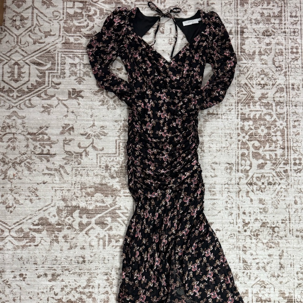Black Floral Open Back Midi Dress